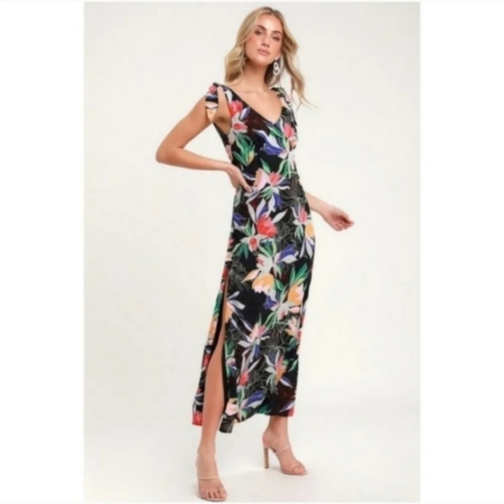 Lulus Multi Floral Black Maxi Dress - Picture 1 of 6